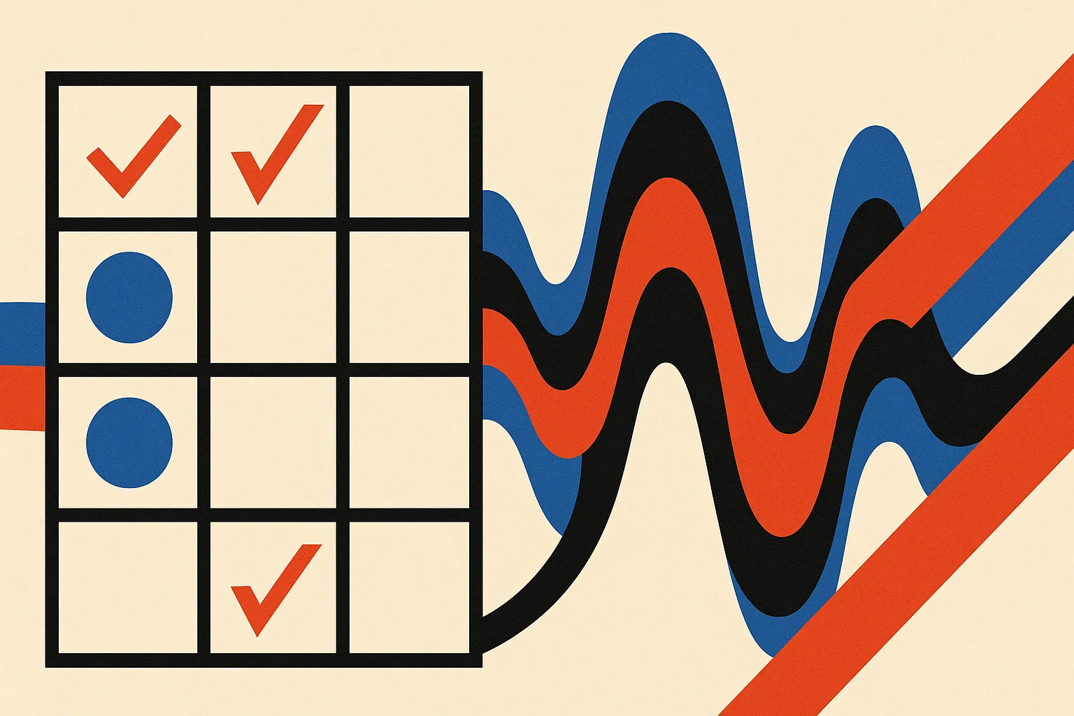 a checklist grid with distinct filled and empty cells over a soundwave background