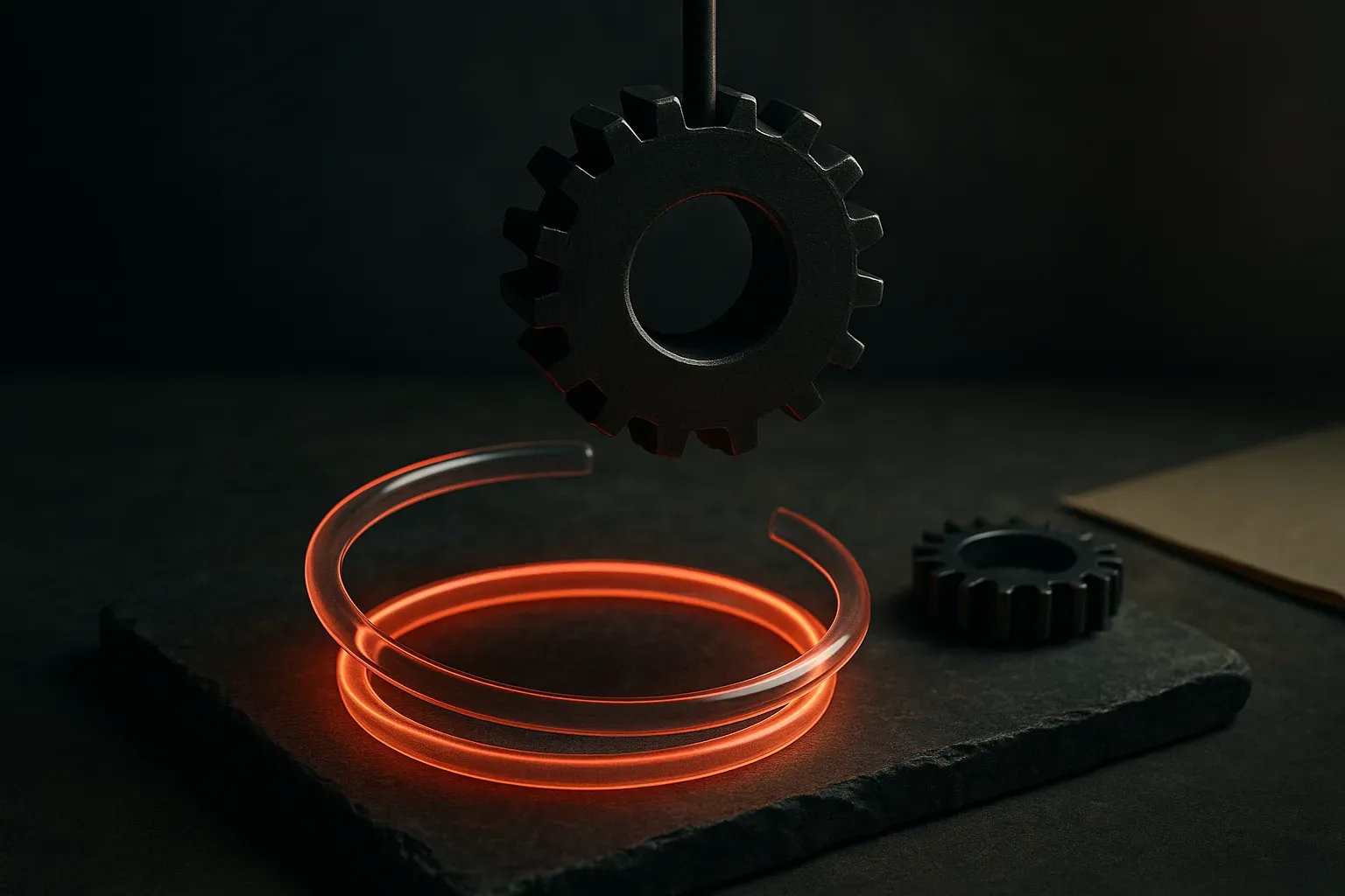 a large heavy gear at the end of a loop being lifted out, leaving a lighter loop spinning faster