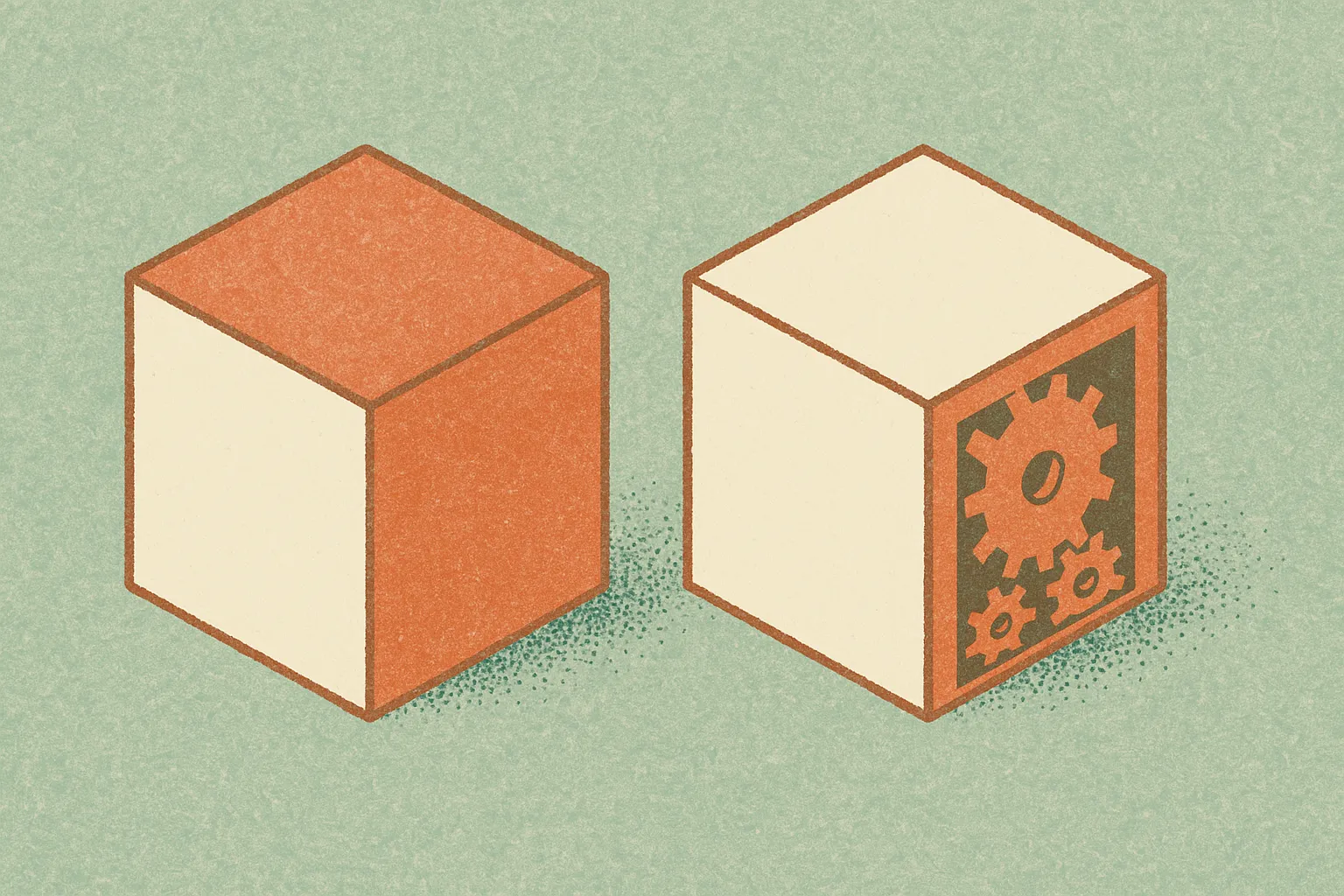 two identical-looking sealed boxes side by side, one with a hidden gear mechanism showing through, contrasting visible a