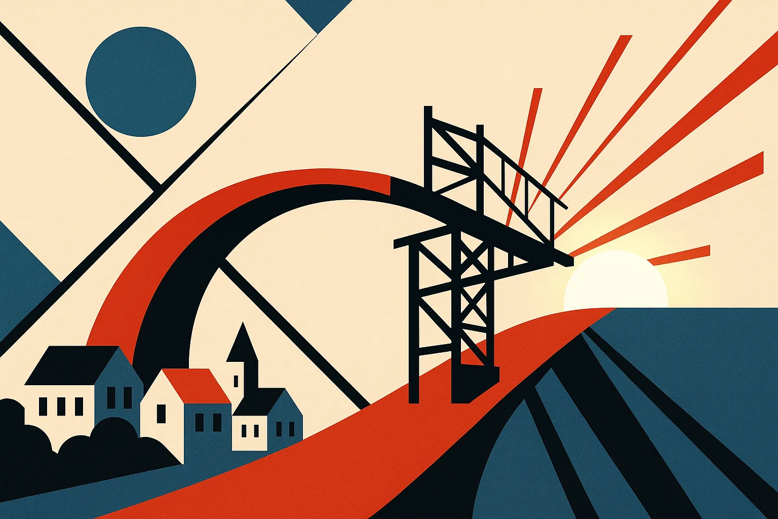 a bridge connecting a small town to a bright horizon, the bridge still partly under construction