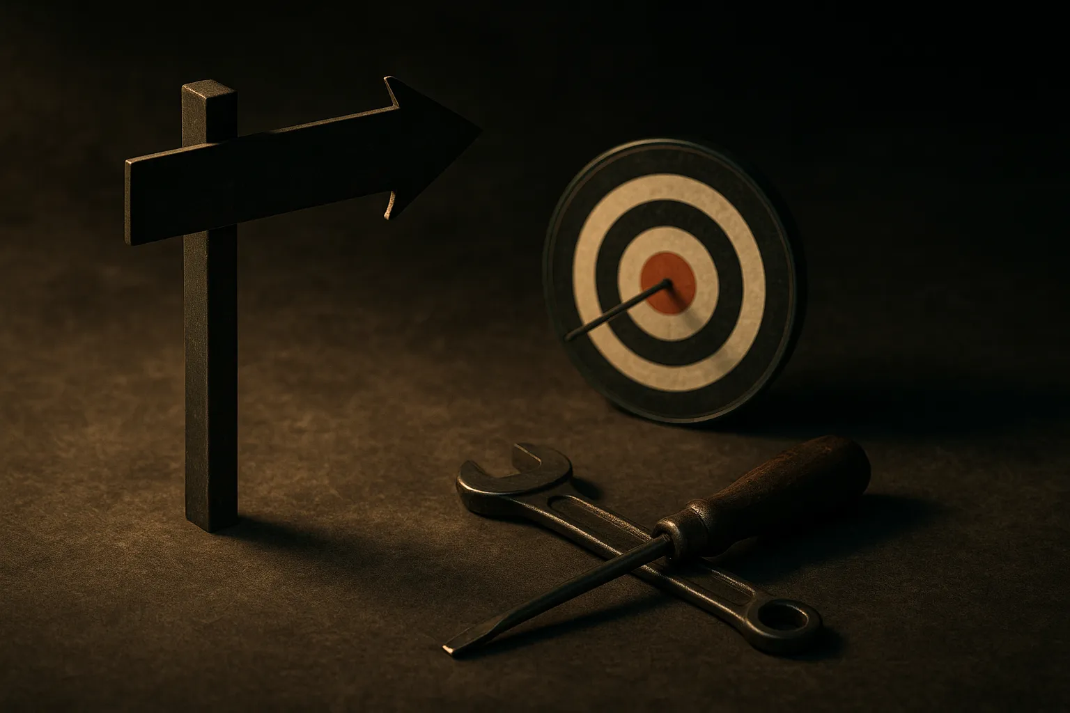 a signpost with an arrow pointing at a target, and beside it two different tools resting on the ground