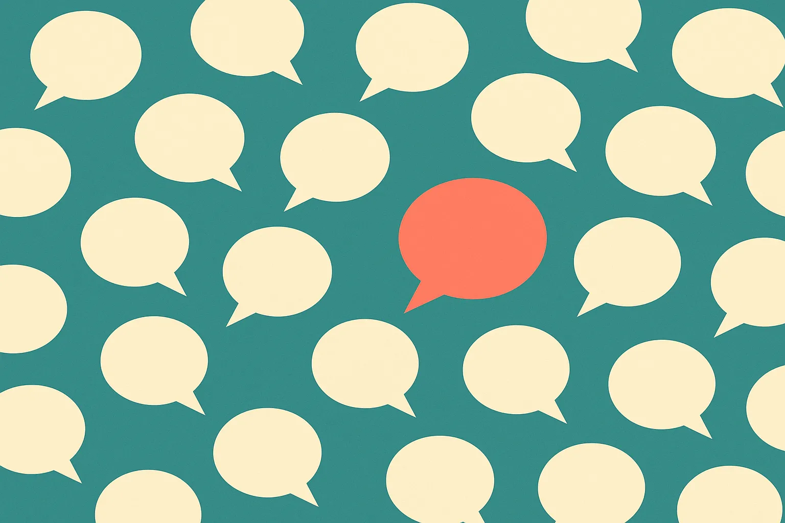 a wide field of speech bubbles of varying sizes, most faded and one bright, suggesting many voices unheard