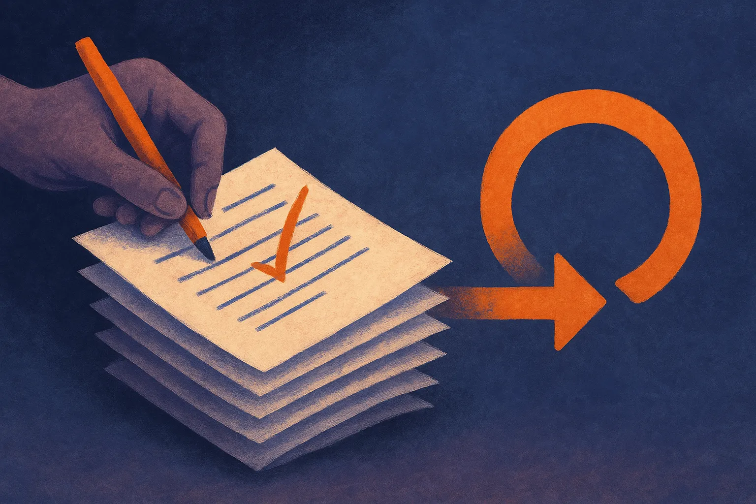 a human hand reviewing and editing a stack of notes before they flow into an automated loop