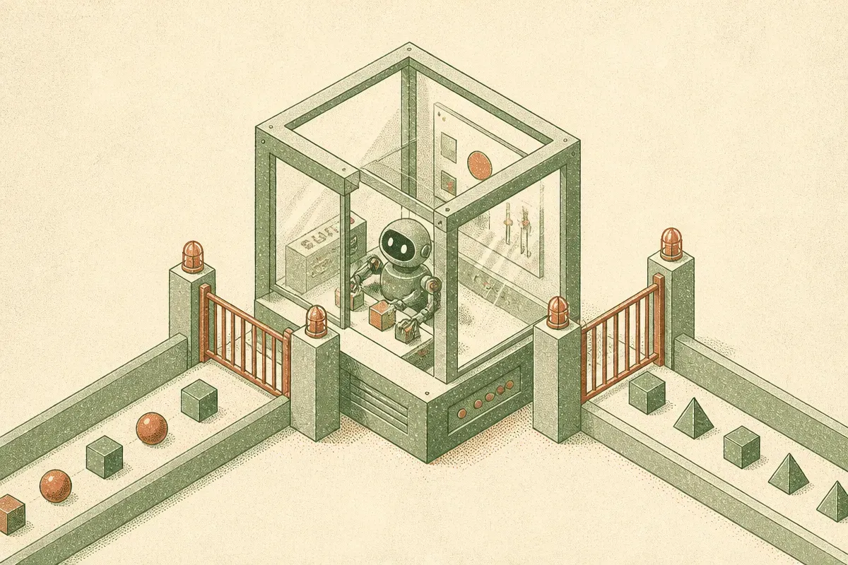 a small controlled chamber where an agent operates, with narrow guarded channels in and out