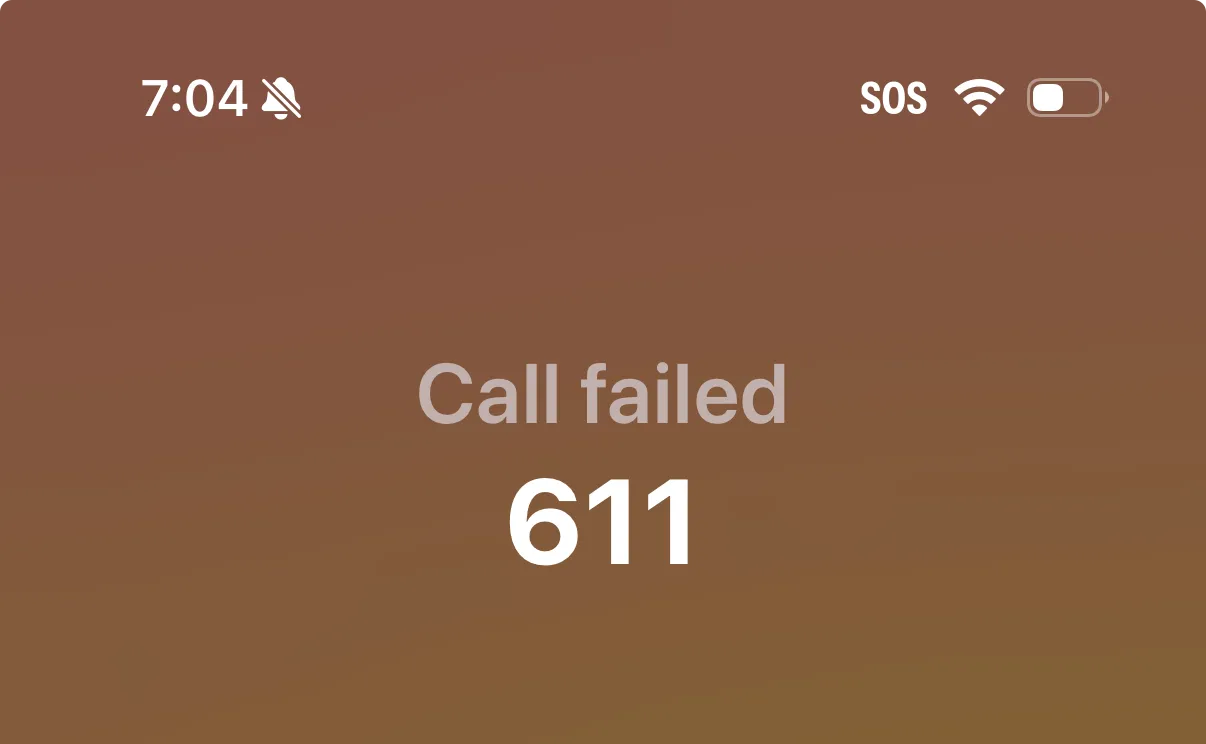 iPhone screenshot showing SOS cellular status and a failed attempt to call AT&T at 611.