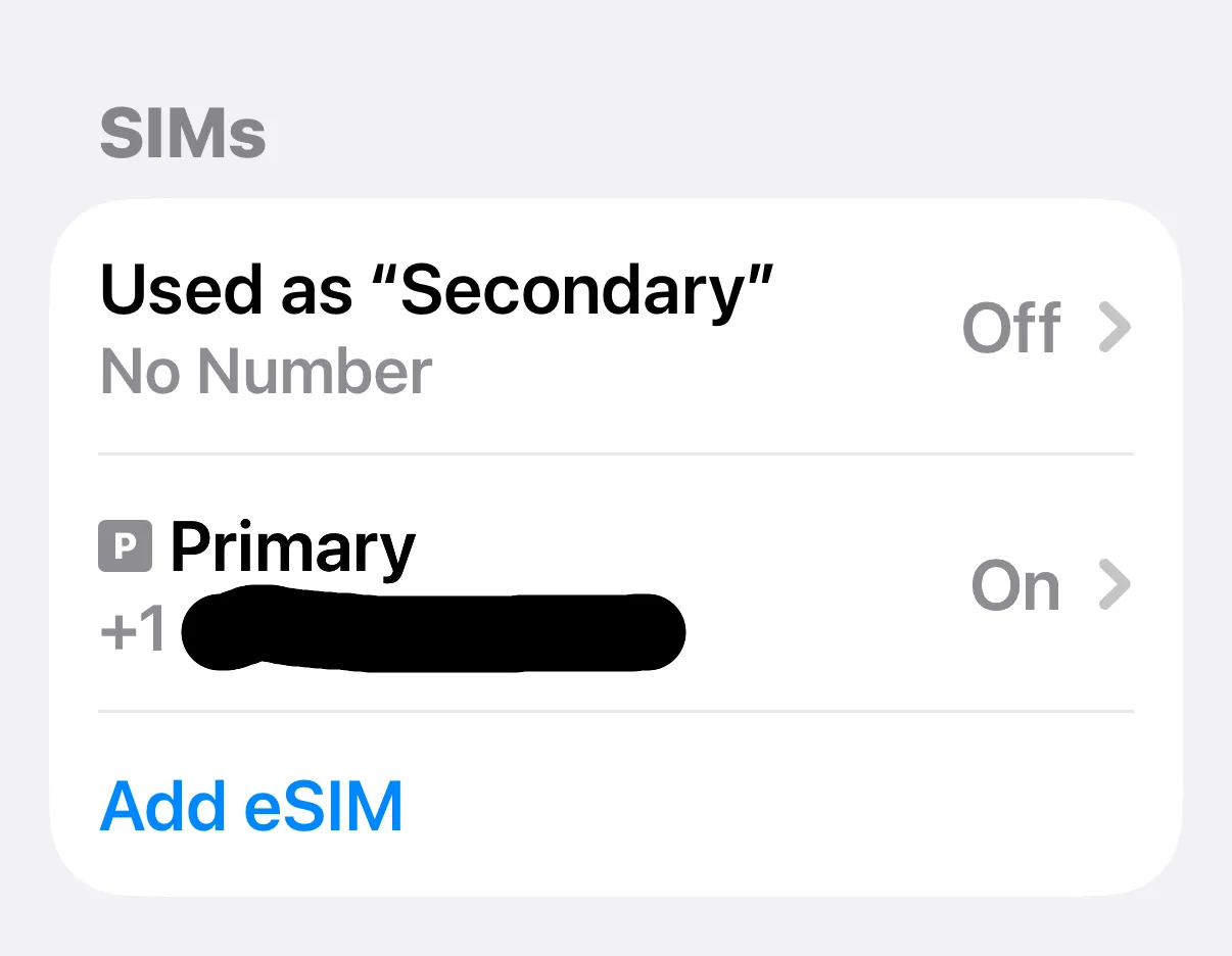 iPhone cellular settings showing a disabled Secondary eSIM with no number and an enabled Primary eSIM.