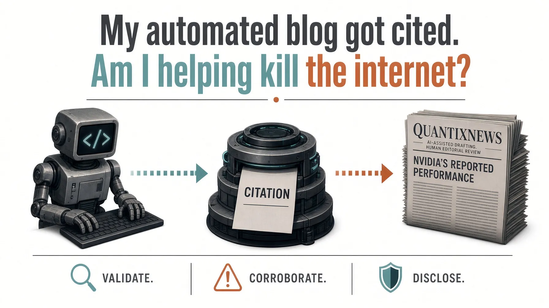 Illustration in three steps. A robot with a code symbol on its face types at a keyboard. An arrow leads to a machine dispensing a page labeled Citation. Another arrow leads to a QuantixNews newspaper marked AI-assisted drafting, human editorial review, headlined Nvidia’s reported performance. Along the bottom: Validate. Corroborate. Disclose.