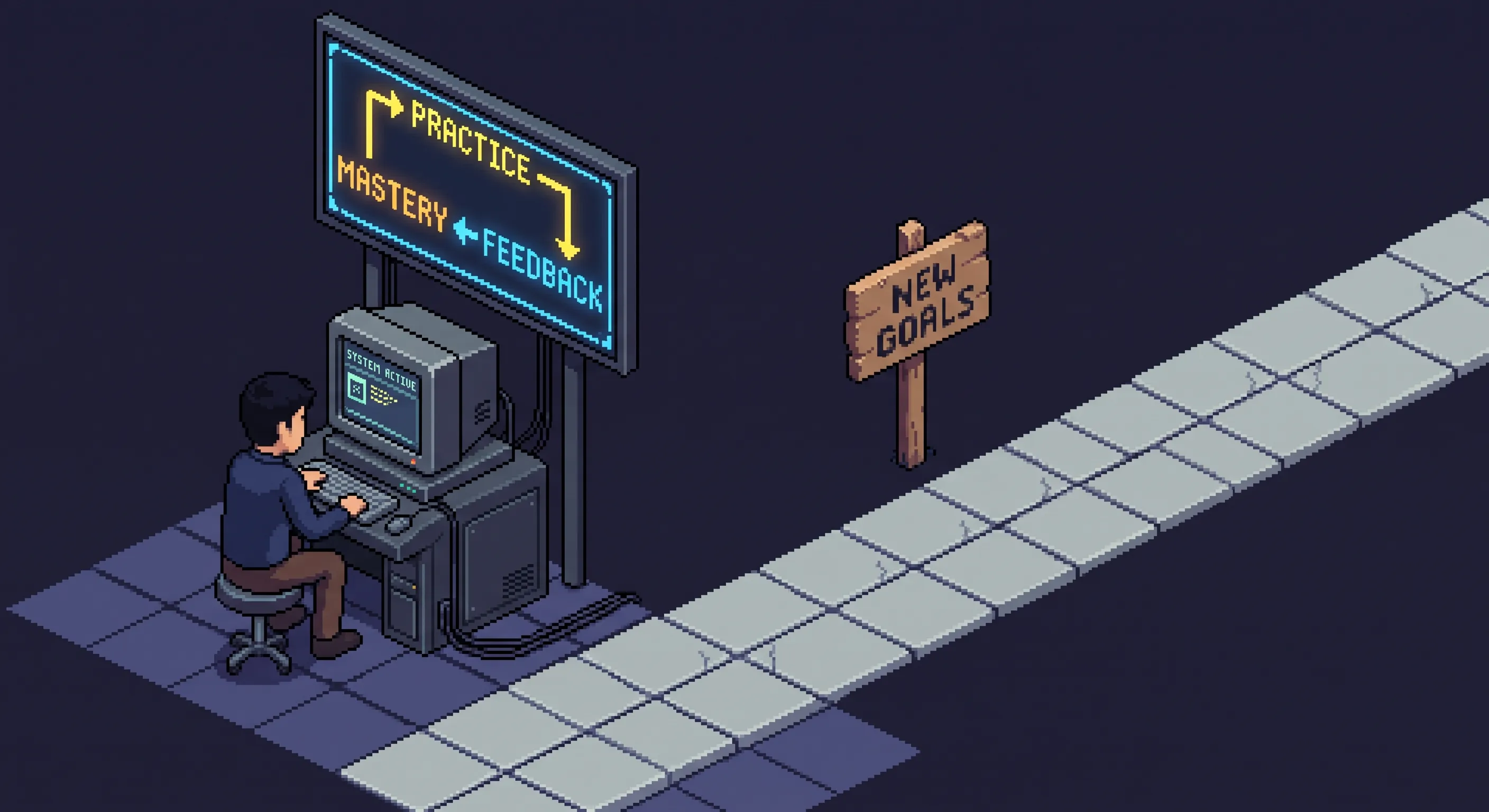 Pixel illustration of a person at a computer under a sign showing a loop: practice, feedback, mastery. A stone path leads away from the desk toward a wooden signpost that reads new goals.