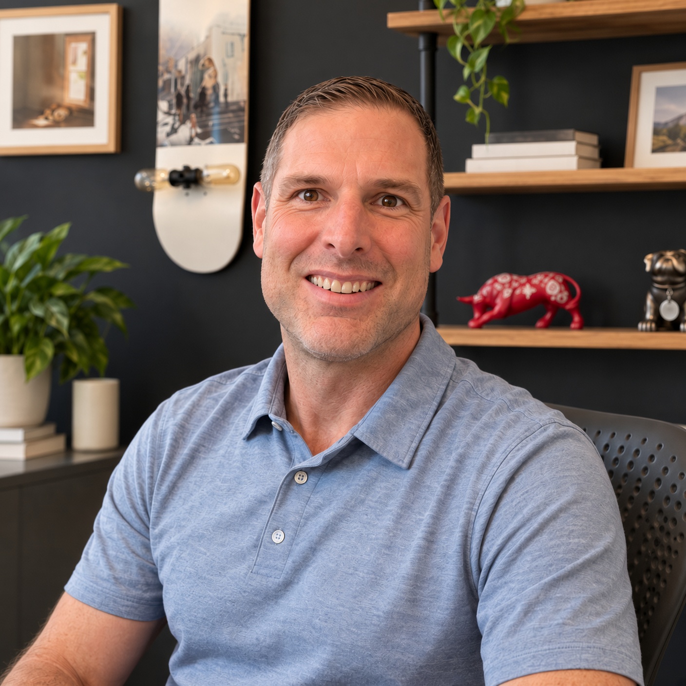 Ken Ashe seated in an office wearing a blue polo